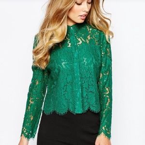 Elegant Green lace long sleeve button down shirt